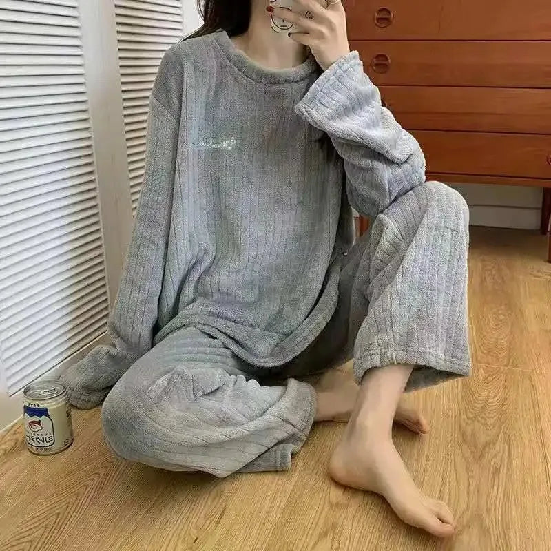 Soft Coral Velvet Jacquard Warm Pajama Set
