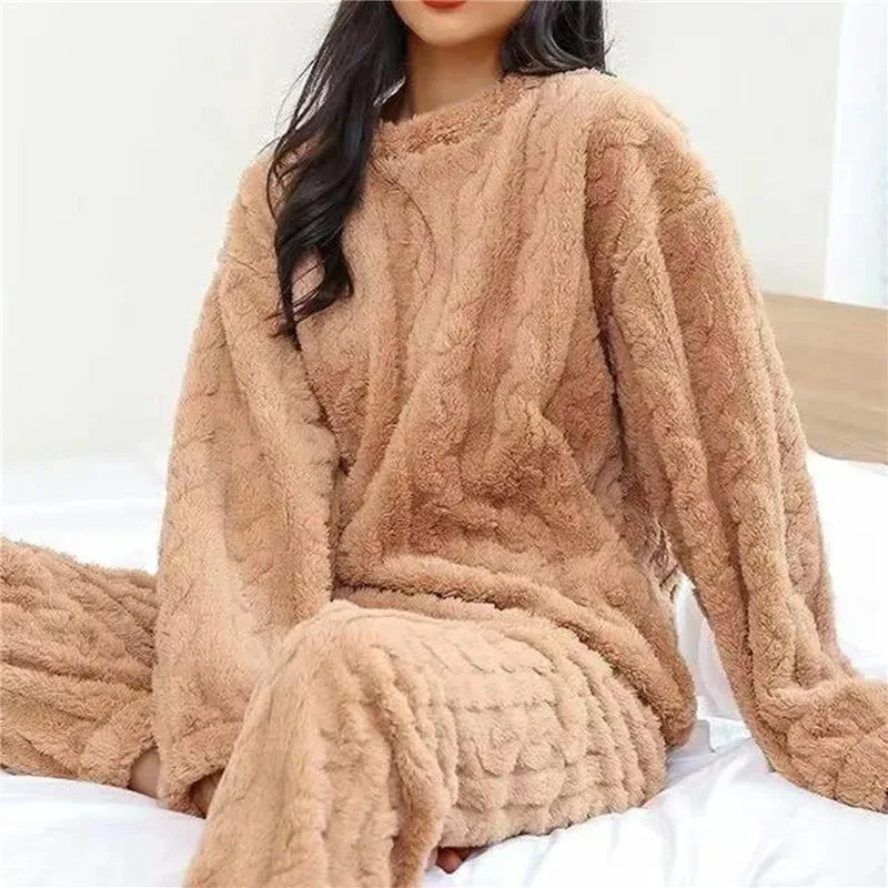 Soft Coral Velvet Jacquard Warm Pajama Set