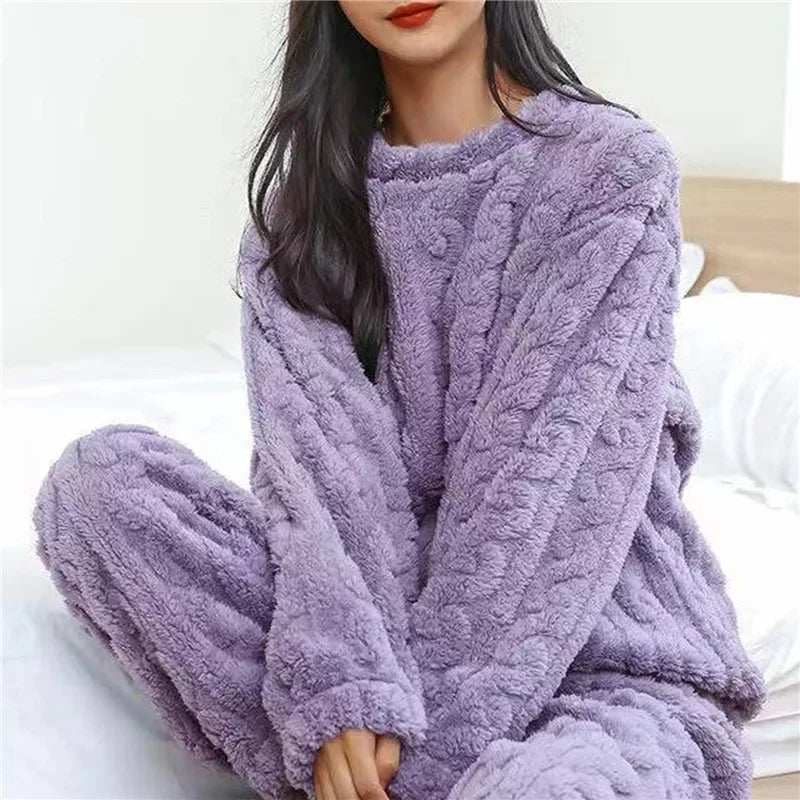 Soft Coral Velvet Jacquard Warm Pajama Set