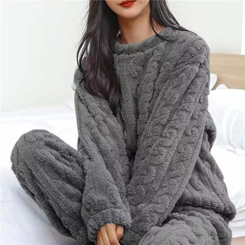 Soft Coral Velvet Jacquard Warm Pajama Set