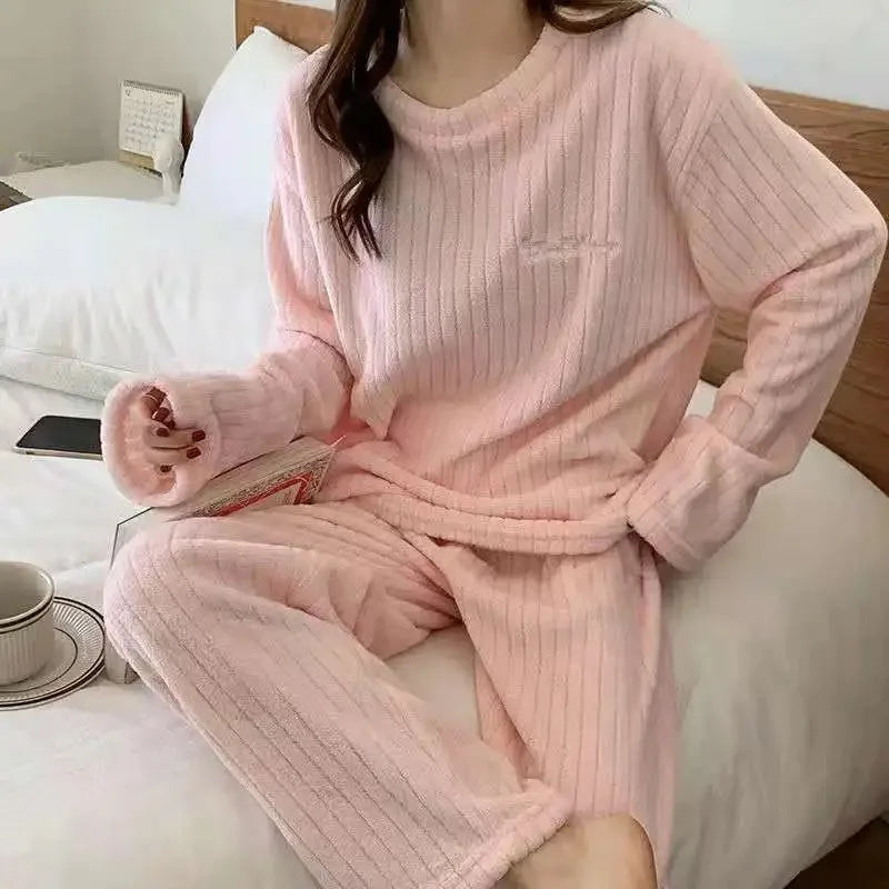 Soft Coral Velvet Jacquard Warm Pajama Set