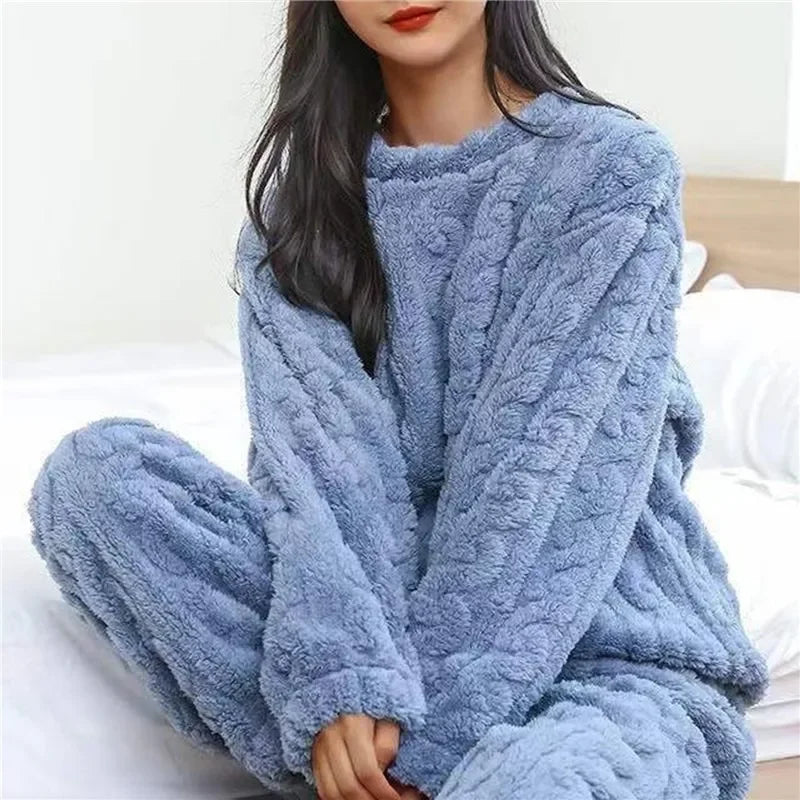 Soft Coral Velvet Jacquard Warm Pajama Set