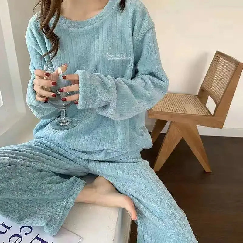 Soft Coral Velvet Jacquard Warm Pajama Set